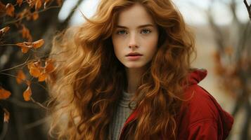 un mujer con largo rojo pelo en el bosque generativo ai foto