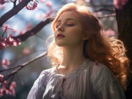 un mujer con largo rojo pelo es mirando arriba a un árbol con rosado flores generativo ai foto