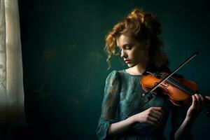 a woman with long red hair is playing the violin generative ai photo