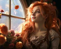 a woman with long red hair looking out of a window generative ai photo