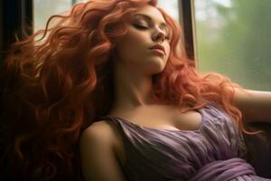 a woman with long red hair leaning against a window generative ai photo