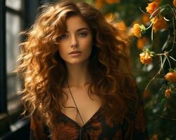 a woman with long red hair posing in front of some flowers generative ai photo