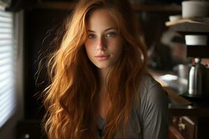 a woman with long red hair sitting in front of a window generative ai photo
