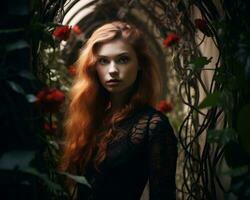 a woman with long red hair standing in an archway with red roses generative ai photo