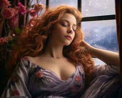 a woman with long red hair sitting in front of a window generative ai photo