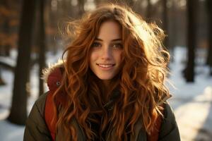 a woman with long red hair smiling in the snow generative ai photo