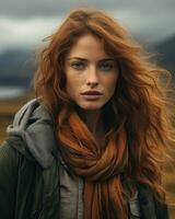 un mujer con largo rojo pelo en pie en frente de un montaña generativo ai foto