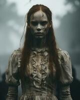 a woman with long red hair standing in front of a group of people generative ai photo