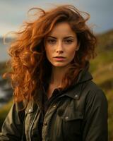 a woman with long red hair standing in front of the ocean generative ai photo