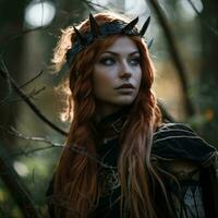 un mujer con largo rojo pelo vistiendo un corona en el bosque generativo ai foto