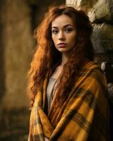 a woman with long red hair wearing a blanket generative ai photo