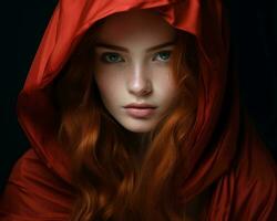 a woman with long red hair wearing a hood generative ai photo