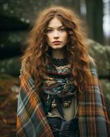 a woman with long red hair wearing a plaid scarf generative ai photo