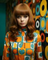 a woman with long red hair wearing an orange and blue patterned shirt generative ai photo