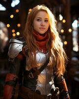 a woman with long red hair wearing armor and holding a sword generative ai photo