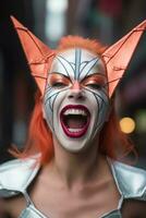 a woman with orange hair and a cat face is laughing generative ai photo