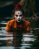 un mujer con maquillaje en su cara en el agua generativo ai foto