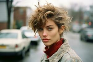 a woman with messy hair standing on the street generative ai photo
