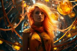 a woman with orange hair standing in front of a bunch of gold balls generative ai photo