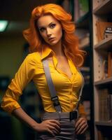 a woman with orange hair and suspenders standing in front of bookshelves generative ai photo