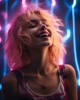 a woman with pink hair smiling in front of neon lights generative ai photo