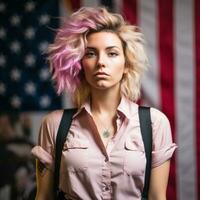 a woman with pink hair and suspenders in front of an american flag generative ai photo