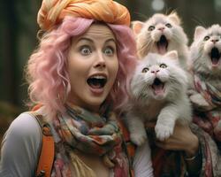 a woman with pink hair holding two cats with their mouths open generative ai photo