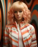 a woman with pink hair standing in front of a colorful background generative ai photo