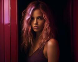 a woman with pink hair standing in front of a red locker generative ai photo