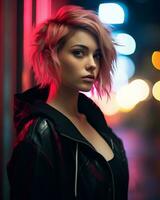 a woman with pink hair standing in front of neon lights generative ai photo