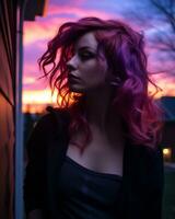 a woman with pink hair standing in front of a sunset generative ai photo