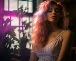 a woman with pink hair sitting in front of a window generative ai photo