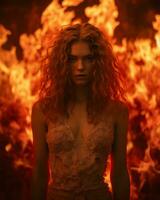 a woman with red curly hair standing in front of flames generative ai photo