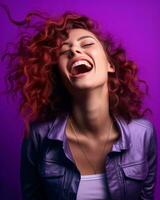 a woman with red curly hair laughing and smiling on a purple background generative ai photo