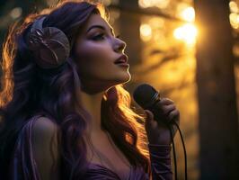 a woman with purple hair singing into a microphone generative ai photo