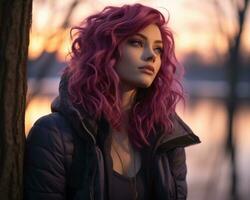 a woman with purple hair standing next to a tree generative ai photo