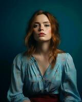 a woman with red hair and a blue background generative ai photo