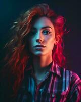 a woman with red hair and a checkered shirt generative ai photo