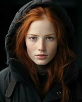a woman with red hair and a black jacket generative ai photo