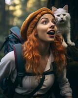 a woman with red hair and a cat in the woods generative ai photo