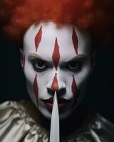 a woman with red hair and a clown face holding a knife generative ai photo