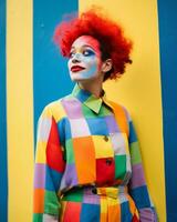 a woman with red hair and a clown face is posing in front of a colorful wall generative ai photo