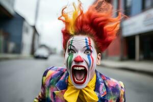 un mujer con rojo pelo y un payaso cara es corriendo abajo el calle generativo ai foto