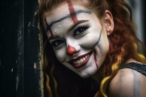 un mujer con rojo pelo y un payaso cara es sonriente generativo ai foto