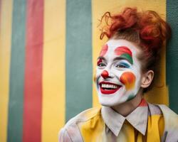 un mujer con rojo pelo y un payaso cara es sonriente generativo ai foto