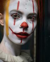 a woman with red hair and a clown face painted on her face generative ai photo