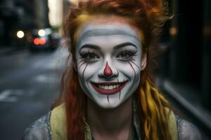 un mujer con rojo pelo y un payaso cara pintado en su cara generativo ai foto