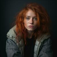 a woman with red hair and a jacket generative ai photo