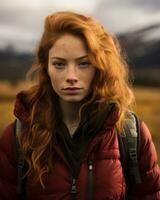 a woman with red hair and a red jacket standing in the middle of a field generative ai photo