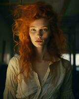 a woman with red hair and a white shirt generative ai photo